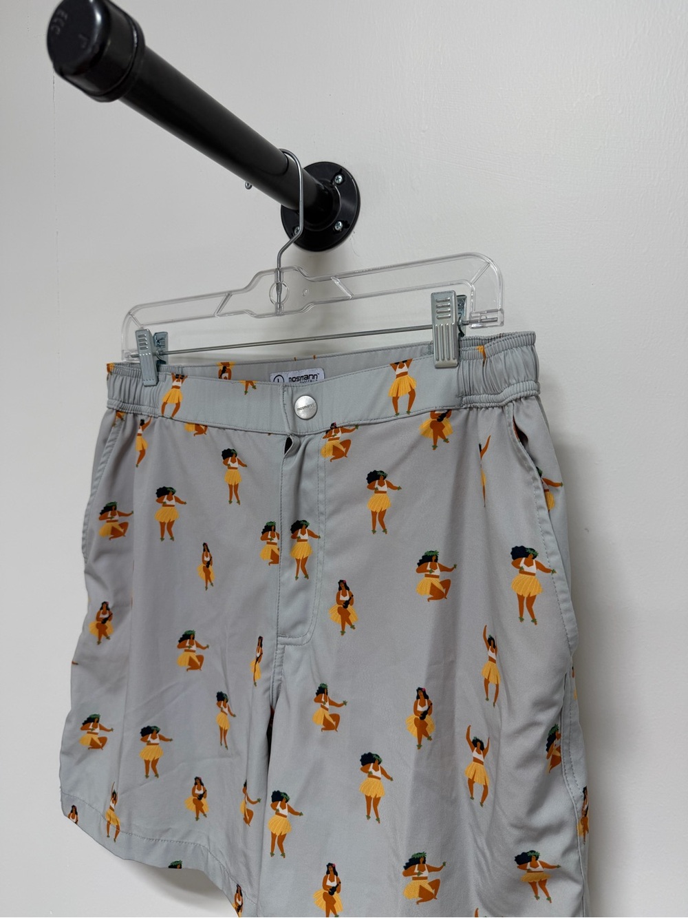 Men's Light Gray Hybrid Swim Shorts with Yellow Hula Girl Print